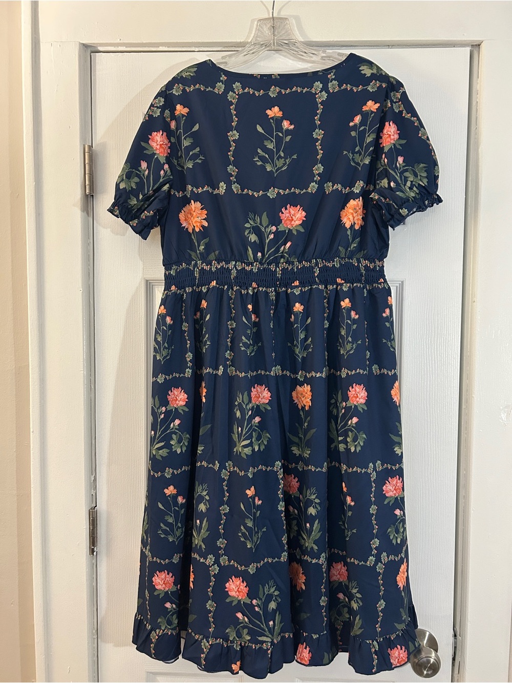 Floral Puff-Sleeve Dress with Pink-Orange Blooms - Picture 2 of 3
